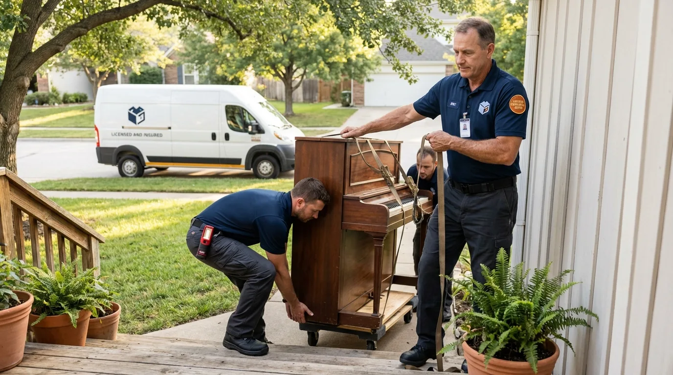 Licensed piano movers securing grand piano in Newton, AL