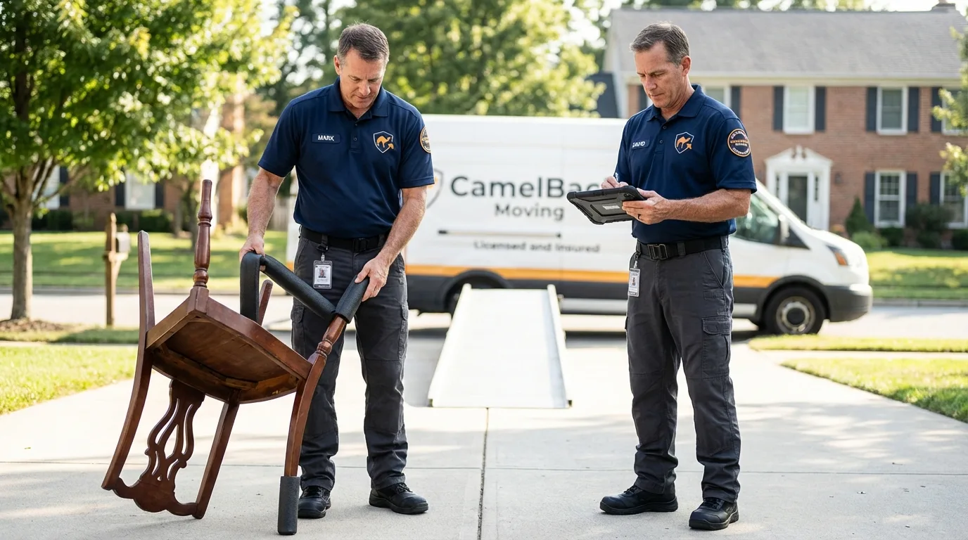 Movers inspecting furniture for damage prevention before loading in Newton, AL