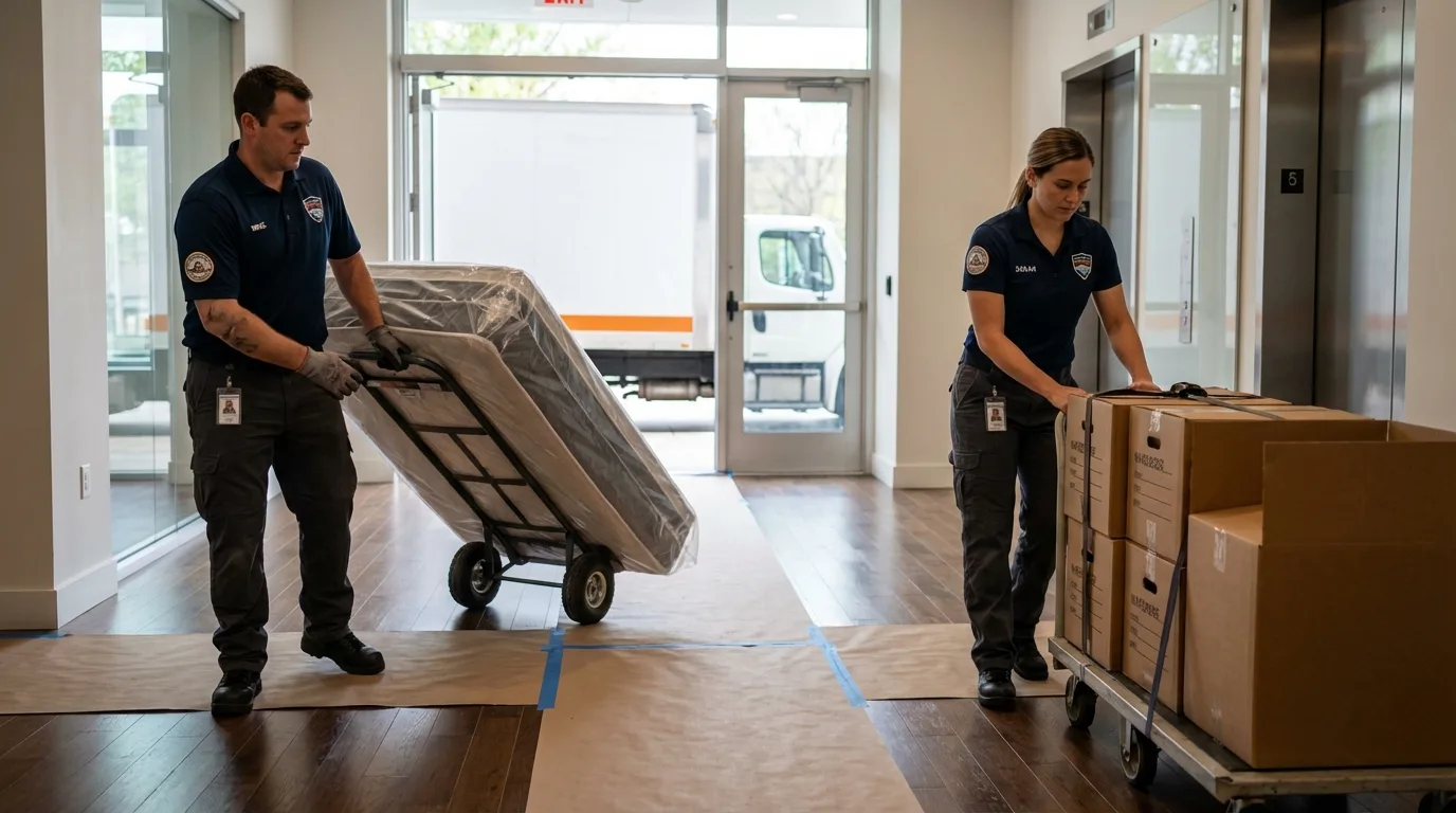 Professional apartment movers loading elevator in Newton, AL